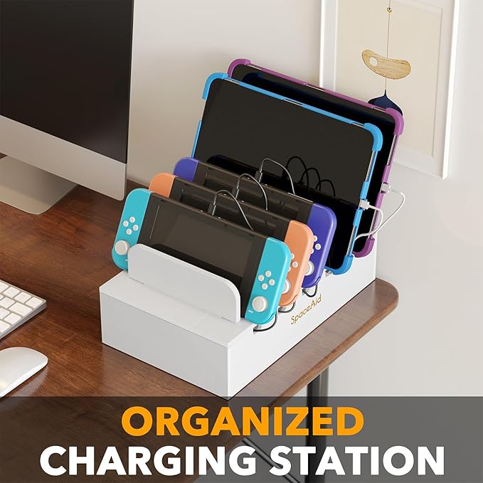 SpaceAid Bamboo Charging Station for Multiple Devices, Cell Phone Docking Stations for Multi Laptop, Tablets and iPads, Nightstand Bedside Desk Device Charger Organizer (White)