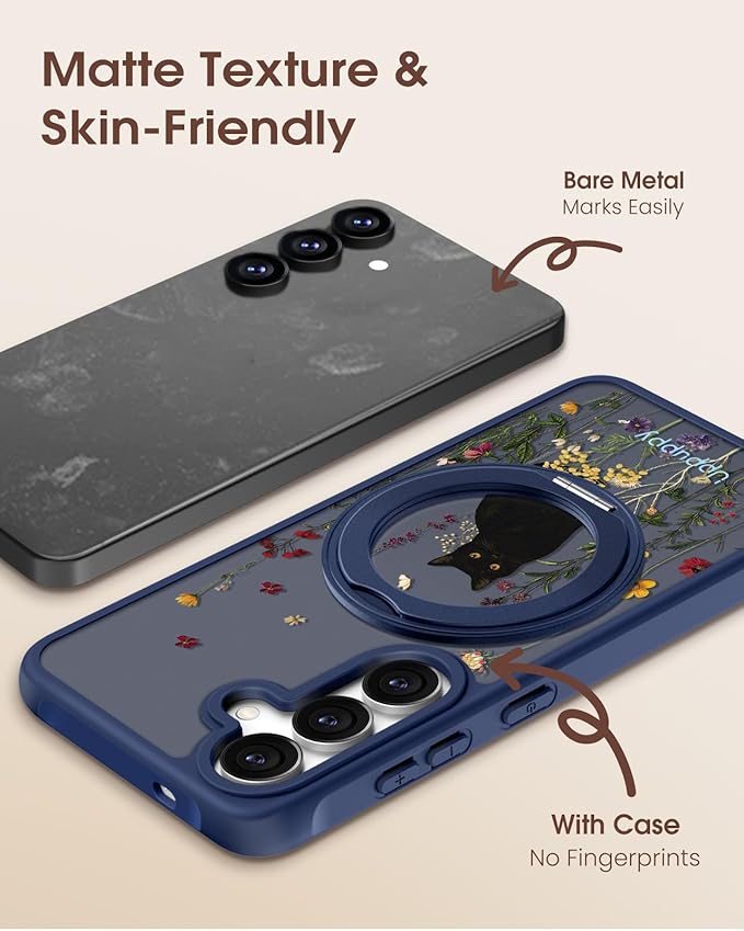 for Samsung Galaxy S25 Case with 360° Rotatable Magnetic Ring - Compatible with MagSafe, Semi-Transparent Anti-Fingerprint Soft-Touch Material Shockproof, Cute Black Cat Design for Women Girl