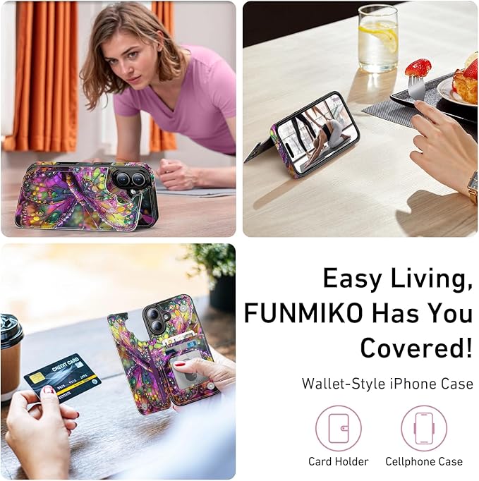 FUNMIKO for iPhone 16 Wallet Case with Card Holder, RFID-Blocking, Military-Grade Protection & UV-Printed Artwork, Magnetic Closure with Leather Kickstand - Vibrant Elegant Butterfly
