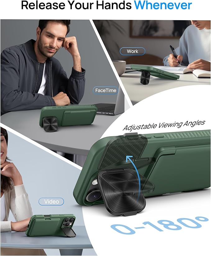 for iPhone 16 Pro Case with Card Holder & Camera Cover & Adjustable Kickstand, Military Grade Drop Tested Soft Silicone Edge Rugged Protective Wallet Phone Case for iPhone 16 Pro, Green