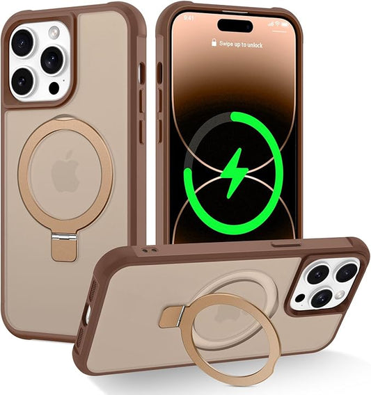 Magnetic Compatible with iPhone 14 Pro Max Case with Stand [Military Grade Drop Tested][Compatible with Magnet] Ring Translucent Slim Hard Back Soft Edge, Desert Gold