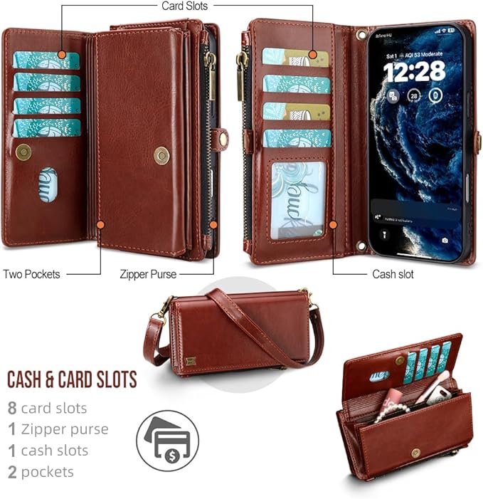for iPhone Air Wallet Phone Case with 8 Card Holder,RFID Blocking | PU Leather | Kickstand | Flip | Wrist Strap&Shoulder Strap | Shockproof | Zipper Wallet | Women Men | 6.5" | Brown