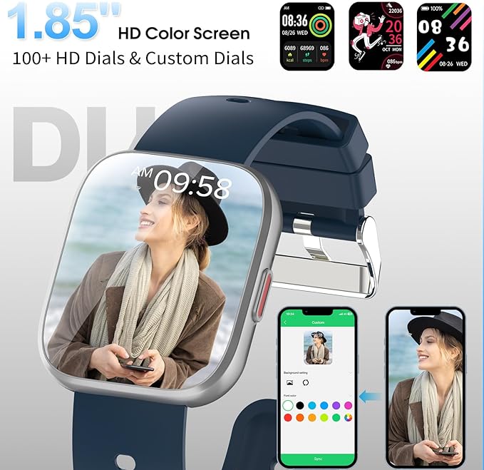 Smart Watch for Men Women Bluetooth Call, 1.85" HD Touch Screen Fitness Watch with Sleep Heart Rate Monitor, 112+ Sports Modes, IP68 Waterproof Activity Trackers for Android iOS, Blue