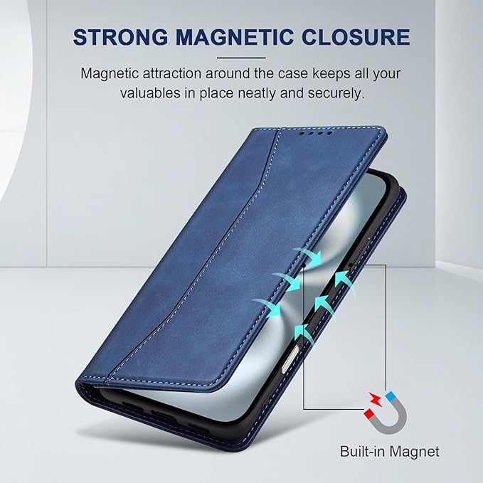 Jasonyu Flip Wallet Case for iPhone 16,Leather Magnetic Folio Cover with Card Holder,Kickstand - TPU Shockproof Durable Protective Phone Case,Blue