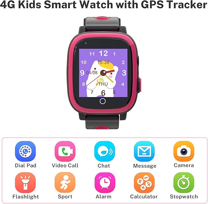 4G Kids Smart Watches Girls, GPS Watch for Kids with Video Call Voice Chat Alarm Clock SOS Camera Flashlight Gifts for Girls Age 5-12