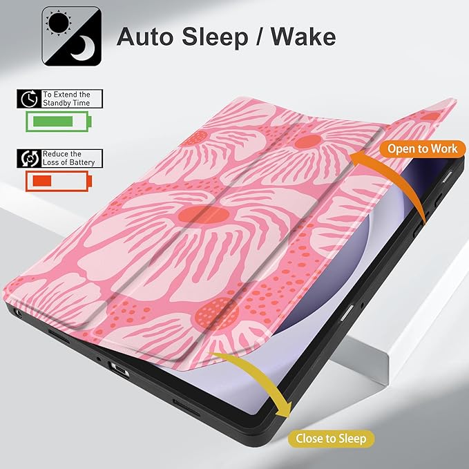 MEEgoodo Case for Samsung Galaxy Tab A9 Plus 11 inch Cover 2024 2023 with S Pen Holder, A9+ Smart Tablet Cases with Leather Trifold Stand+Soft TPU Back Shell+Smart Auto Wake/Sleep, Pink Style Floral