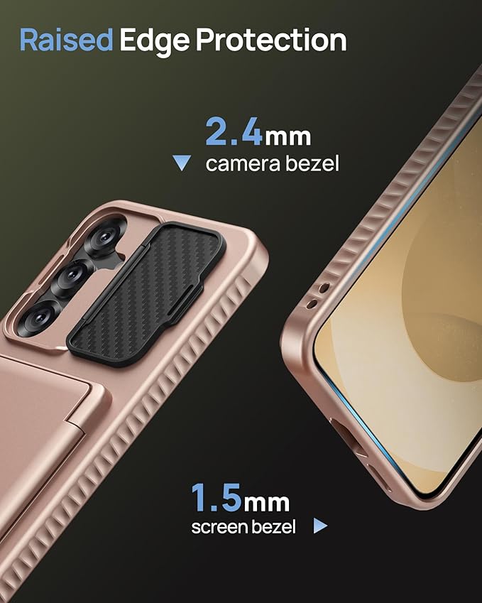for Samsung Galaxy S25+ Plus Case with Card Holder & Camera Lens Cover Stand, Military Grade Drop Protection Shockproof Rugged Stand Wallet Protective Phone Case for S25+ Plus 2025, Rose Gold