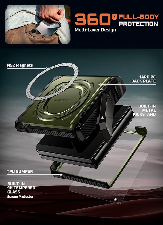 SUPCASE for Samsung Galaxy Z Flip 7 Case with Stand & Front Screen Protector (Unicorn Beetle Grip), [Support MagSafe] [Hinge Protection] Full Body Military-Grade Rugged Back Phone Cover, Guldan