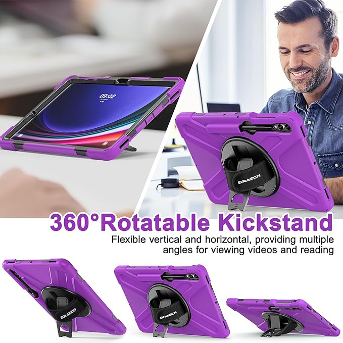 BRAECN for Galaxy Tab S10 Plus Case 2024&S9 FE Plus/S8 Plus/S7 Plus /S7 FE 12.4 Inch,Heavy Duty Shockproof Case with S Pen Holder&360 Rotating Hand Strap/Kickstand/Shoulder Strap for Tab S10+,Purple