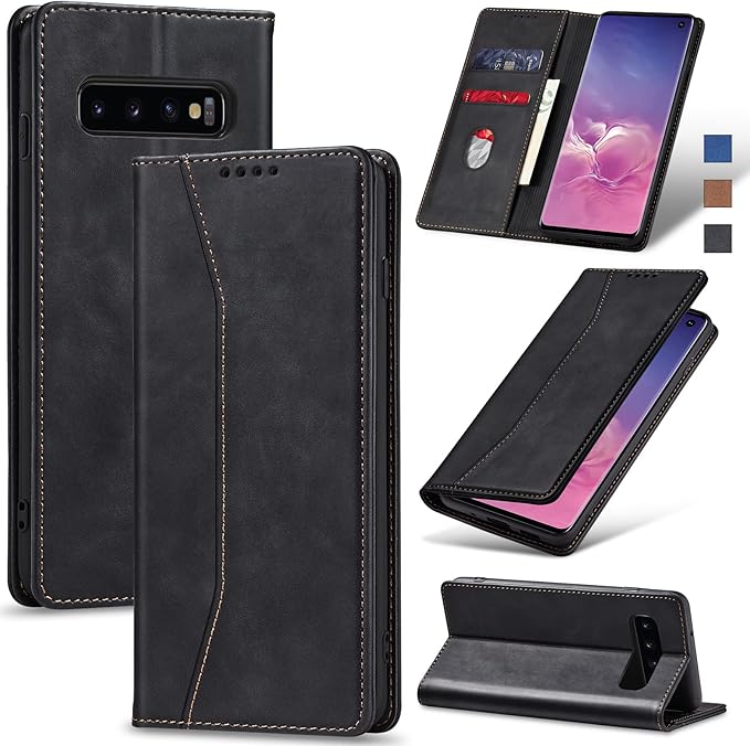 Jasonyu Flip Wallet Case for Samsung Galaxy S10,Leather Magnetic Folio Cover with Card Holder,Kickstand - TPU Shockproof Durable Protective Phone Case,Black