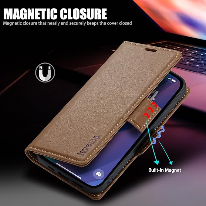 japezop iPhone 15 Pro 5G Wallet Case with [RFID Blocking],Card Holder Kickstand Magnetic,Leather Flip Case Wallet for iPhone 15 Pro 5G 6.1 Inch (Fashion Brown)