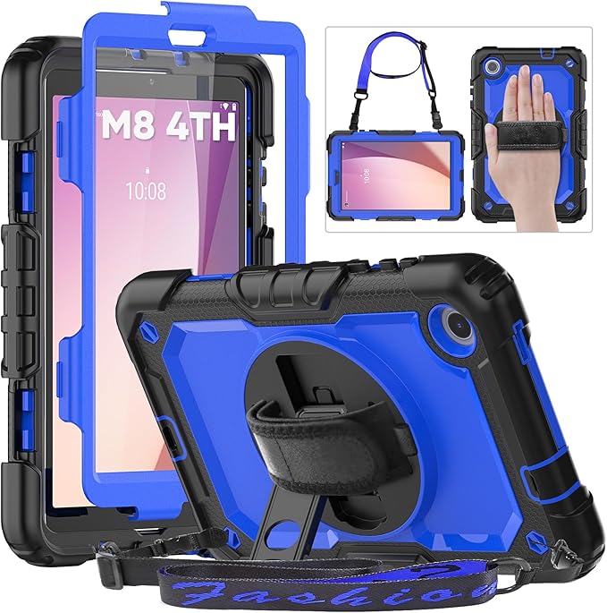 HXCASEAC Case for Lenovo Tab M8 4th Gen 2024/2023 (TB-301FU, TB-300FU), with Screen Protector/Rotating Hand Strap/Sturdy Stand, Protective HD Cover for Lenovo M8 Tablet Case 8 inch, Blue