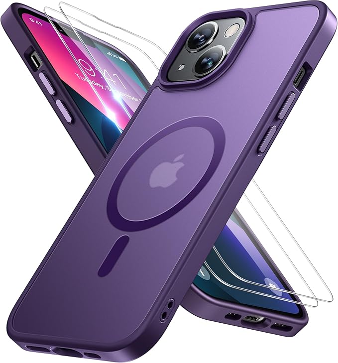 Miracase Magnetic for iPhone 13 Case 6.1 inch (Compatible with MagSafe)（with 2X Screen Protectors） Military-Grade Protection, Anti-Fingerprint Translucent Matte Phone Case Cover, Dark Purple