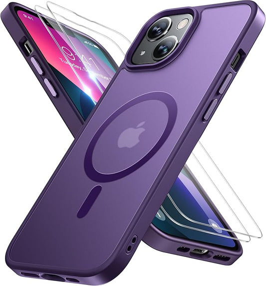 Miracase Magnetic for iPhone 13 Case 6.1 inch (Compatible with MagSafe)（with 2X Screen Protectors） Military-Grade Protection, Anti-Fingerprint Translucent Matte Phone Case Cover, Dark Purple
