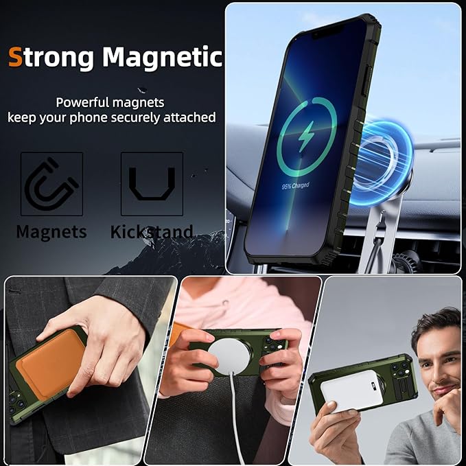 for iPhone 13 Pro Max Case Magnetic Compatible with Wireless Charging,13 ProMax Case with 2 Screen Protectors,Built-in Kickstand Ring Military Grade Drop Shockproof Heavy Duty Protection Green