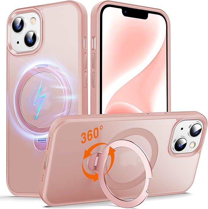 360° O-Ring MagStander for iPhone 13 Case, iPhone 14 Case with Magnetic Stand Ring Holder [Compatible with MagSafe][15FT Military Shockproof] Kickstand iPhone 13/14 Phone Cover Matte Pink