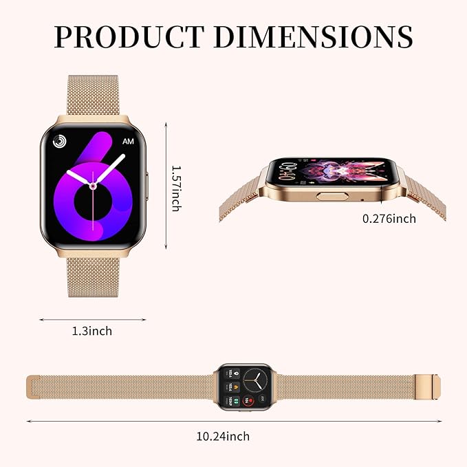 Welfit Women's Smart Watch, 1.75-inch Blood Pressure, Call/Message, Female Cycle Tracking, Heart Rate and Sleep Monitor, IP68 Waterproof for Android and iOS (Gold 2 Straps)