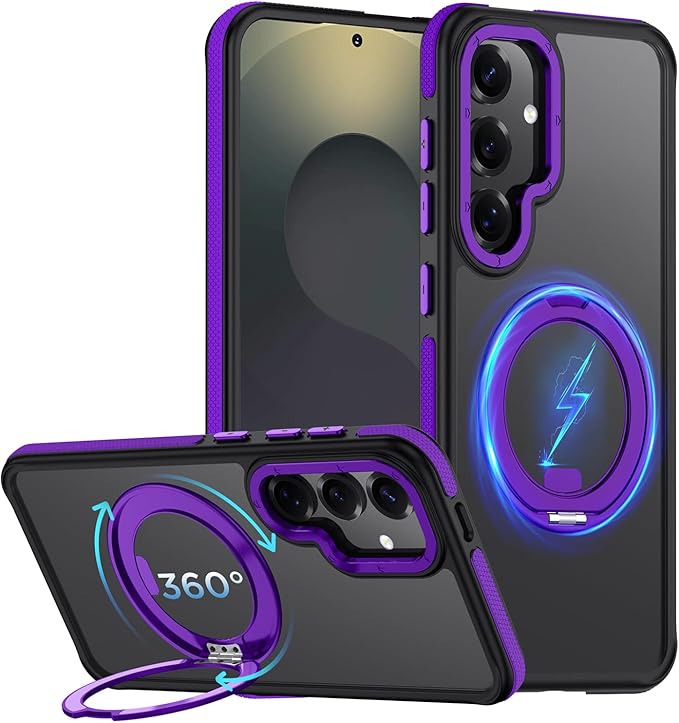 360°Spin Magnetic Stand for Samsung Galaxy S25 Case, [Compatible with Magsafe] Military Grade Drop Protection, Matte Hard Slim S25 Phone Case with Kickstand & Ring Holder (Purple)