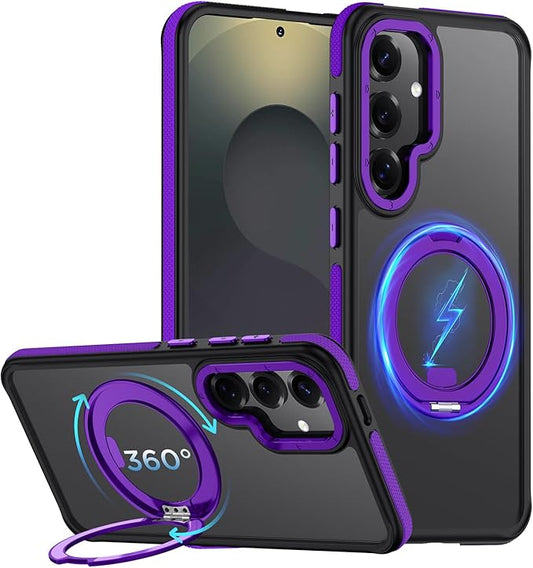 360°Spin Magnetic Stand for Samsung Galaxy S25 Case, [Compatible with Magsafe] Military Grade Drop Protection, Matte Hard Slim S25 Phone Case with Kickstand & Ring Holder (Purple)