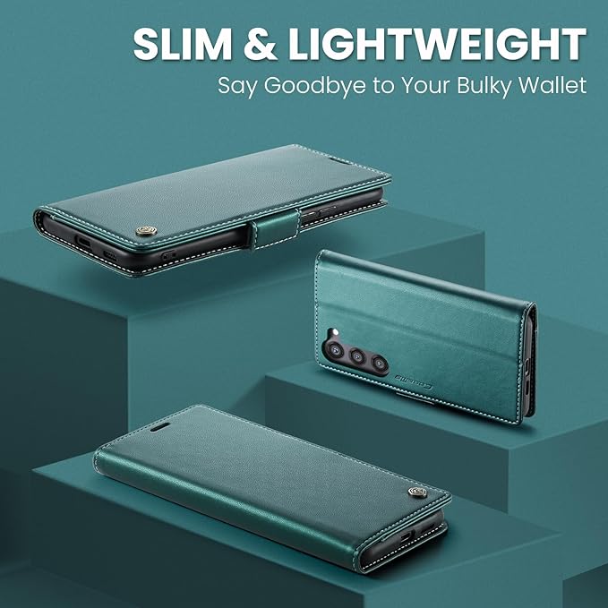 AUPAI for Samsung Galaxy S23 Wallet Case with Credit Card Holder, PU Leather RFID Blocking Folio Flip Kickstand Magnetic Clasp Protective Phone Cover for Women Men Cyan