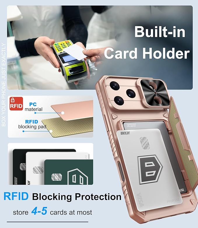 for iPhone 17 Pro Phone Case Wallet, Card Holder (4-5 Cards), Slide Camera Cover, Military Grade Protection, Rugged Hard Women Girly Men Protective Case for iPhone17 Pro 6.3", Rose Gold