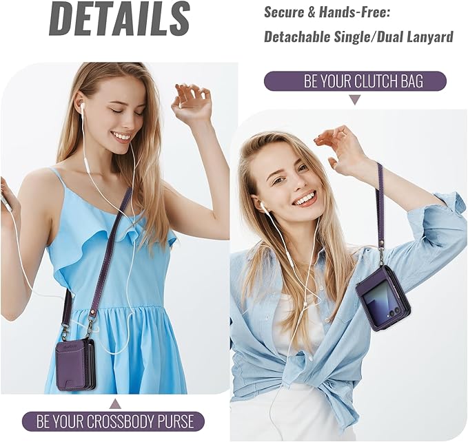 ASAPDOS for Samsung Galaxy Z Flip 7 PU Leather Wallet Phone Case with Card Slots (Holds 5 Cards), Anti-Drop Protection, Wrist & Shoulder Strap Purple