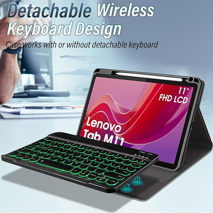 Backlit Keyboard Case for Lenovo Tab M11 2024 11 Inch TB-330FU Tablet, 7 Colors Light Detachable Wireless Keyboard with PU Leather Folio Cover Case for Lenovo Tab M11 11” 2024 Release