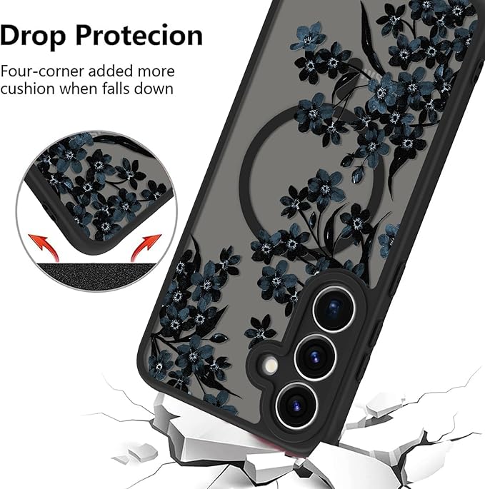 Fiyart Designed for Samsung Galaxy S25 Plus Case Matte Flowers Design Compatible with MagSafe Wireless Charging,Cute Floral Anti-Scratch Translucent Phone Cover for Women Girls 6.7"-Black