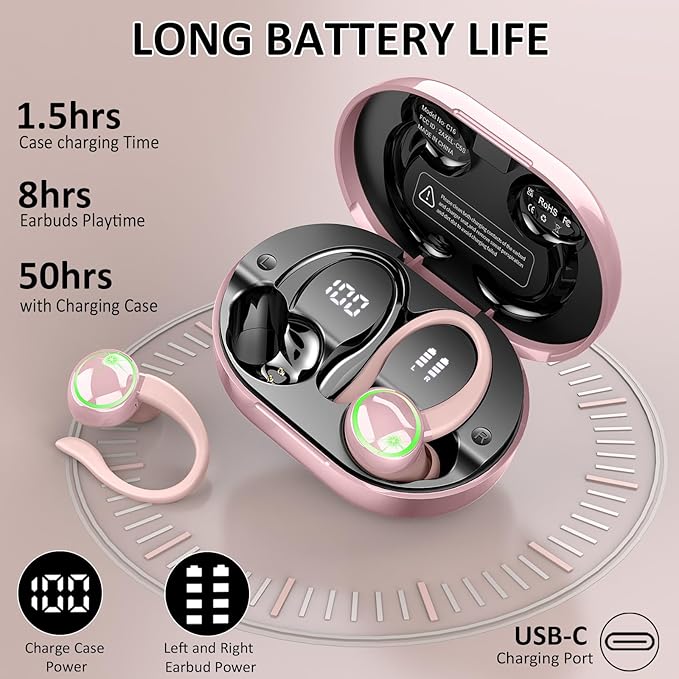 Wireless Earbuds, Bluetooth 5.4 Headphones Sports, 50H Playback Over-Ear Buds with ENC Noise Cancelling Mic, Deep Bass Fitness Earphones with Earhooks, IP7 Waterproof Headset for Workout Rose