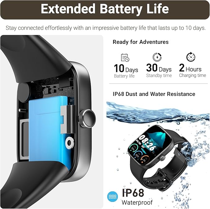 TOZO AMOLED S7 Smart Watch Bluetooth Call 1.85 Inch Ultra HD Screen, Dynamic Dials Messages Push 100+ Sports Modes, Detect Human Health Sleep Monitor with High Battery Life, Touch Function