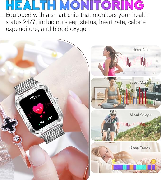 Smart Watch for Women, 1.59'' Full Touch Women's Smartwatch with Female Health Tracking, Fitness Tracker Heart Rate Monitor, Waterproof Sports Smartwatch for Android iOS (Silver Mesh RT-i98)