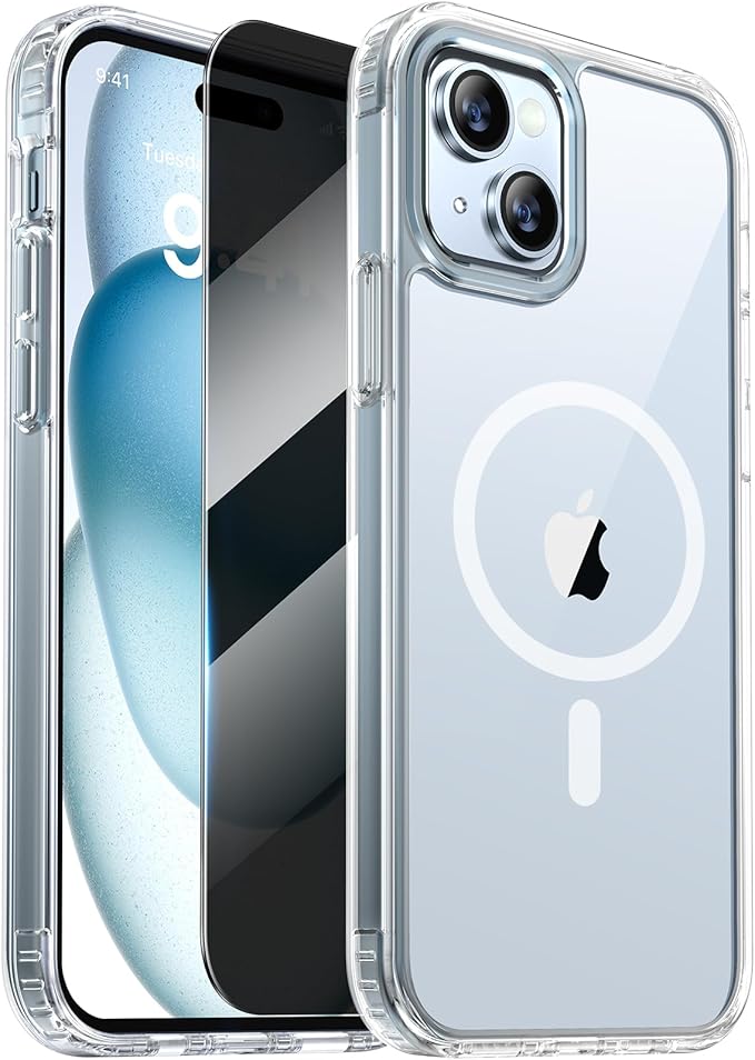 Diaclara Designed for iPhone 15 Case with Magnetic Ring, [with Privacy Screen Protector] [Anti Spy] [Military Grade Drop Protection] Heavy Duty Full-Body Shockproof Phone Case, Clear