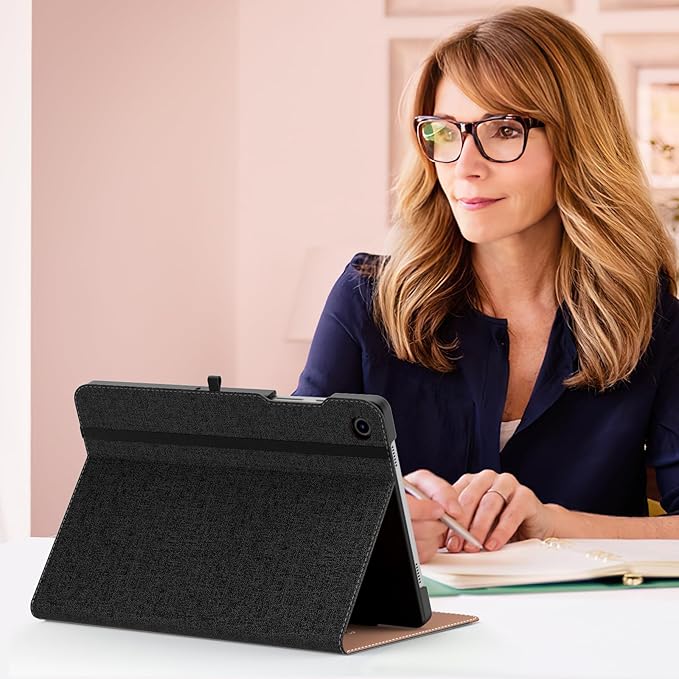 MoKo Case for Samsung Galaxy Tab A9 Plus 11" 2023 (SM-X210/SM-X216/SM-X218), PU Leather Multi-Angle Viewing Folding Stand Cover Case with Hand Strap, Front Pocket, Auto Wake/Sleep, Demin Black & Brown