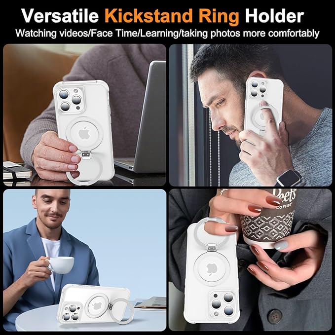 Magnetic Compatible with iPhone 13 Pro Case with Stand [Military Grade Drop Tested][Compatible with Magnet] Ring Translucent Slim Hard Back Soft Edge, Frost White