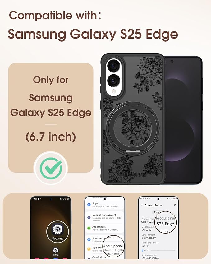 for Samsung Galaxy S25 Edge Case with 360° Rotatable Magnetic Ring - Compatible with MagSafe, Semi-Transparent Soft-Touch Material Shockproof, Cute Line Art Flower Design for Women Girl