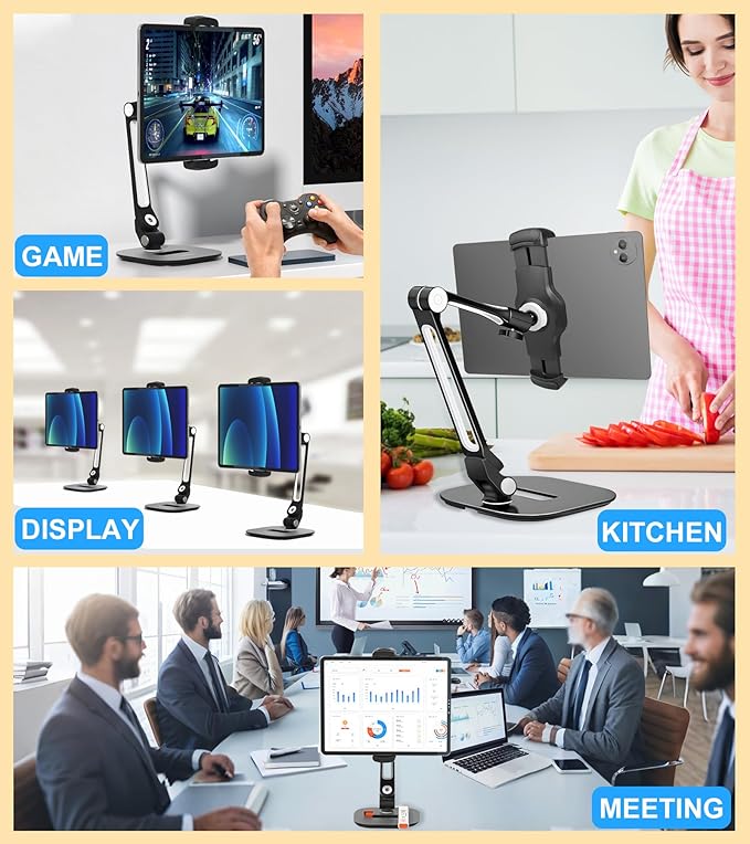 Adjustable Desk Tablet Stand, 360° Swivel iPad Kiosk Stand Fits for 4.7"-12" iPad Air mini Pro, iPhone, Samsung POS, Kindle, Aluminu Alloy Foldable Arm Holder for Store Kitchen Desktop, Black