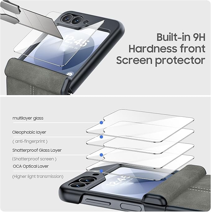 for Samsung Galaxy Z Flip 6 Case/Z Flip 7 FE Case with Hinge Protection & Built-in Screen Protector, Ultra Thin Leather Shockproof Cover Phone Case for Galaxy Z Flip 6/Z Flip 7 FE-Gray