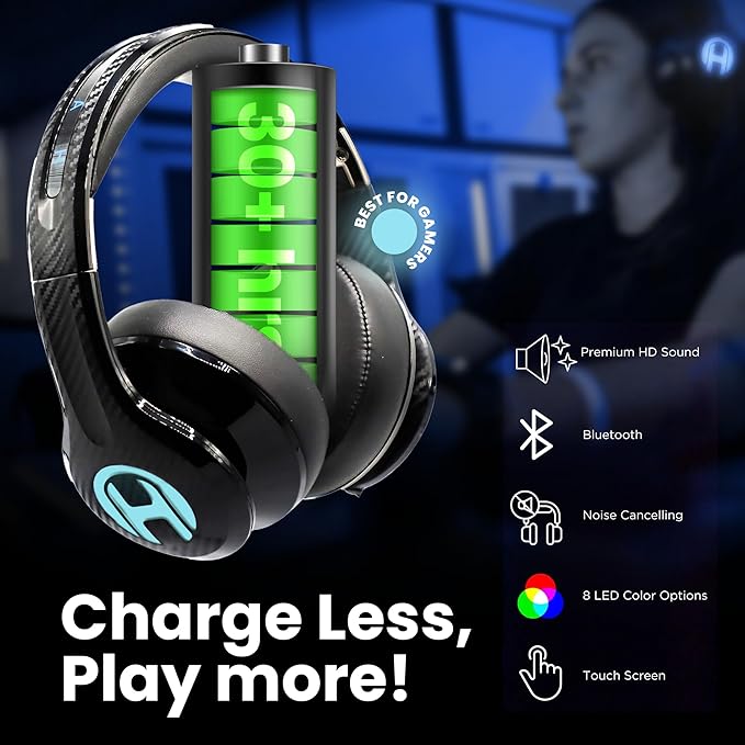 Noise Cancelling Bluetooth Gaming Headphones - Dirac 3D Surround with 30+ Hr Battery, Touch Controls and RGB - Wireless Gaming Headsets for PS5, Xbox, PC, Switch & Mobile