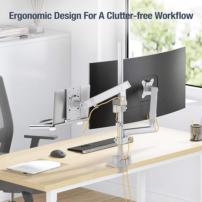 AVLT Laptop & 40 Inch Monitor Arm Pole Top Mount with USB-C USB-A Ports-Gray, VESA Compatible, Supports 26.4 lbs (12 kg), Ultrawide Screen Fit, Adjustable Height, Tilt Swivel Rotate, Cable Management