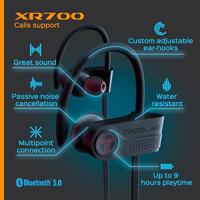 TREBLAB XR700 Wireless Earbuds - Bluetooth 5.0, IPX7 Waterproof, Noise Cancelling, Adjustable Earhooks, 9H Battery, Deep Bass, Mic - Sports Running Headphones for Workouts, Gym, Travel