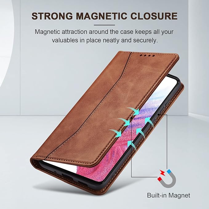Jasonyu Flip Wallet Case for Samsung Galaxy A53 5G,Leather Magnetic Folio Cover with Card Holder,Kickstand - TPU Shockproof Durable Protective Phone Case,Brown