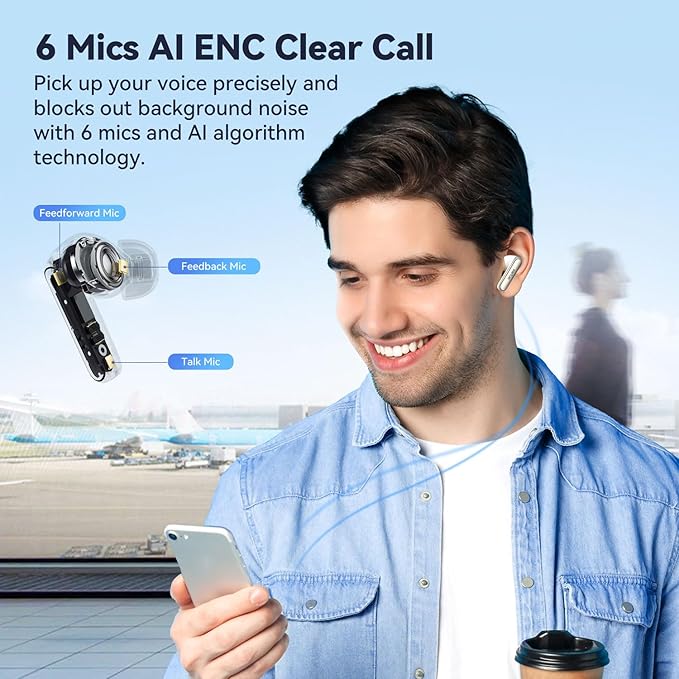 EarFun Air 2 NC Wireless Earbuds, Adaptive Hybrid Noise Cancelling Earbuds, 6 Mics AI ENC Call, Hi-Res Sound, 40H Playtime, Bluetooth 5.3, LDAC, Multipoint Connection, Wireless Charge, White