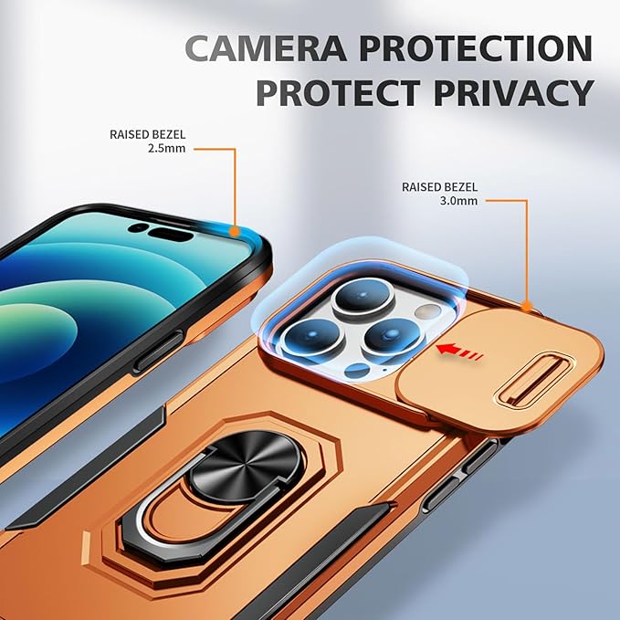 Phone Case for iPhone 14 Pro Max Case iPhone 14 Pro Max Phone Case with Camera Lens Cover, with Ring Holder Kickstand, fit Magnetic Car Mount, for iPhone 14 Pro Max - Orange