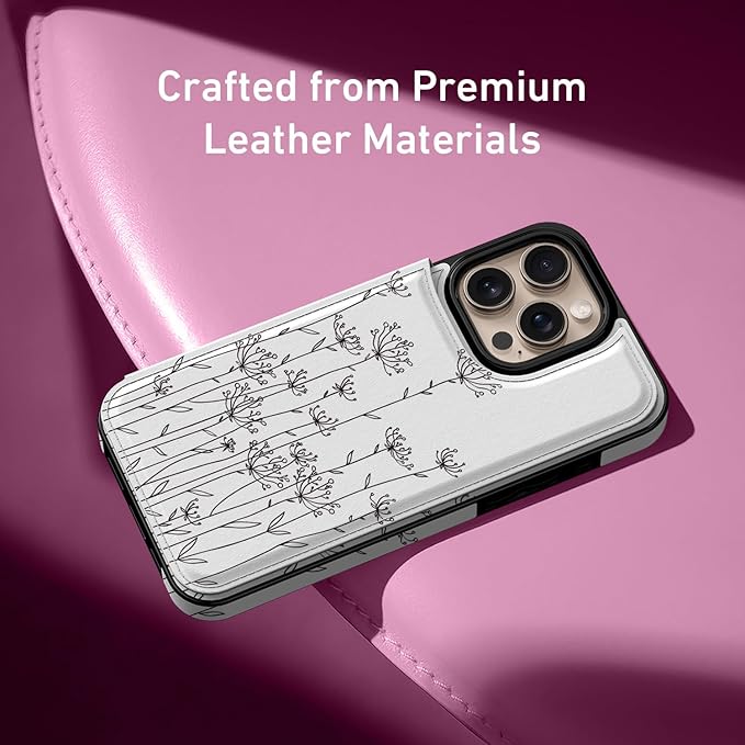 FUNMIKO for iPhone 16 Pro Max Wallet Case with Card Holder, RFID-Blocking, Military-Grade Protection & UV-Printed Artwork, Magnetic Closure with Leather Kickstand - Elegantly Sketched Flower