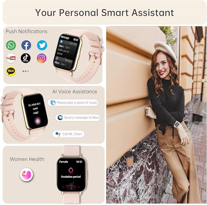 Smart Watch for Women(Answer/Dial Calls) 1.85" HD AI Voice Smartwatch with Fitness Tracker/Step Counter/Heart Rate Sleep Monitor, 120+ Sports Modes, IP68 Waterproof for Android/iOS, Pink/2 Bands