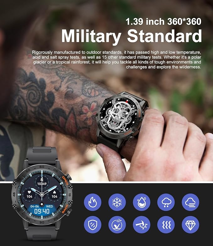 SUNKTA Military Smartwatches for Men,120 Sports Modes Smart Watches with Bluetooth Call (Answer/Dial Calls), 5ATM Waterproof Rugged Tactical Fitness Tracker 1.39''HD Smart Watch for iPhone Android