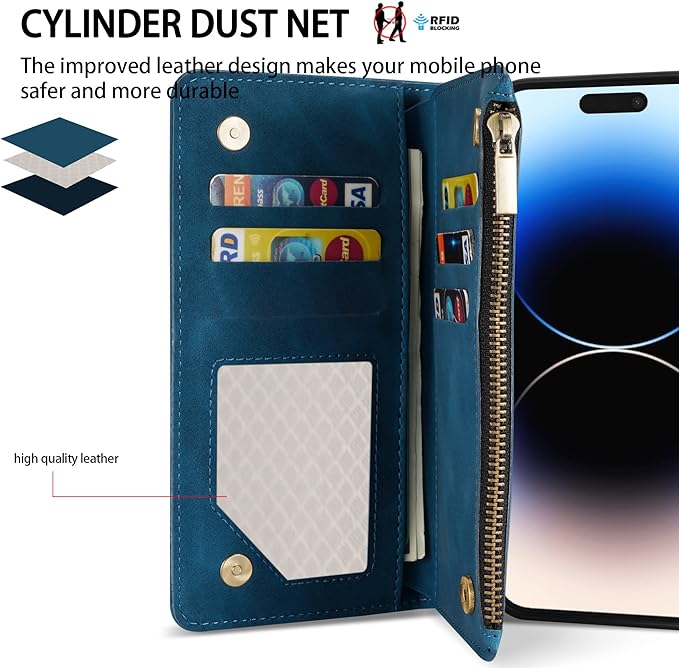 ZZXX for iPhone 14 Pro Max Case Wallet with [RFID Blocking] Card Slot Soft PU Leather Zipper Flip Folio with Wrist Strap Kickstand Protective Cover for iPhone 14 Pro Max Wallet Case(Blue-6.7 inch)