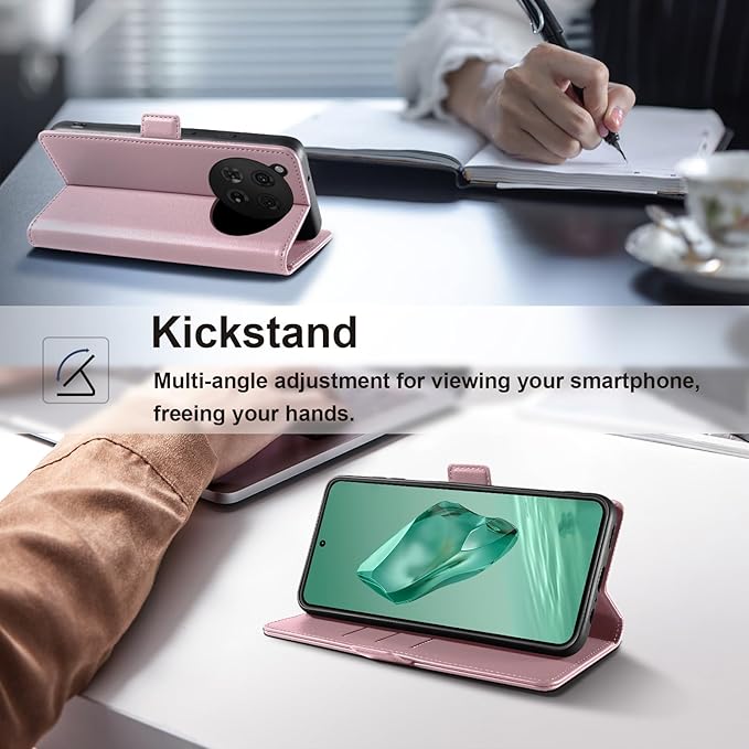 Wallet Flip Case for OnePlus 12 5G - [RFID Blocking] Luxury PU Leather Card Holder Magnetic Phone Cover with Kickstand,Shockproof Protective Case,Pink