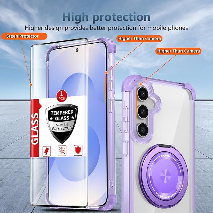 Magnetic for Samsung Galaxy S25 Case Compatible with MagSafe Wireless Charging,with Screen Protector,S25 Case Built-in 360° Kickstand Ring,Shockproof Military Grade Drop Protection Purple