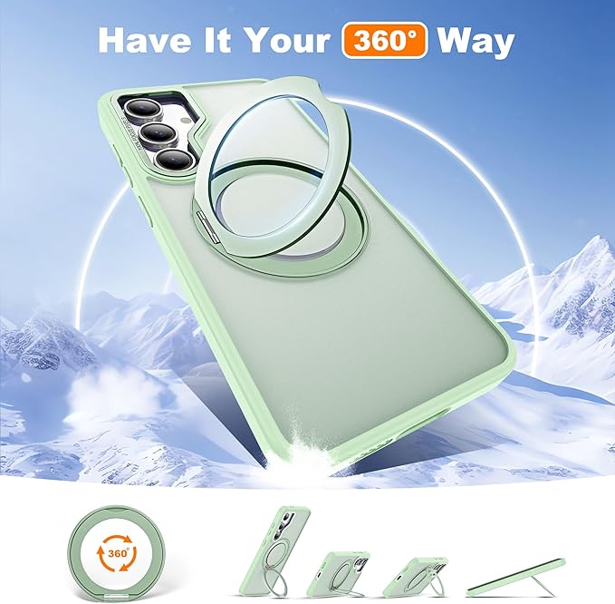 for Samsung Galaxy S24 FE Case with 360° Rotatable Magnetic Ring Stand Compatible with Mag-Safe Military Protection Shockproof Matte Translucent Phone Cases for S24 FE,Green